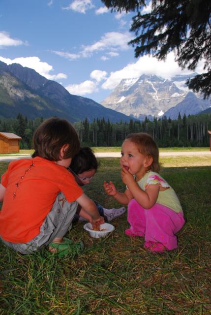 Eating peaches with a view of Mount Robson