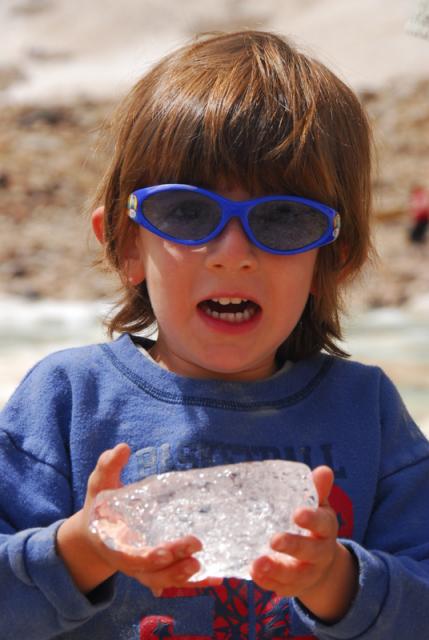 Ron holding a piece of glacier,, Mount Edith Cavell, Jasper National Park
